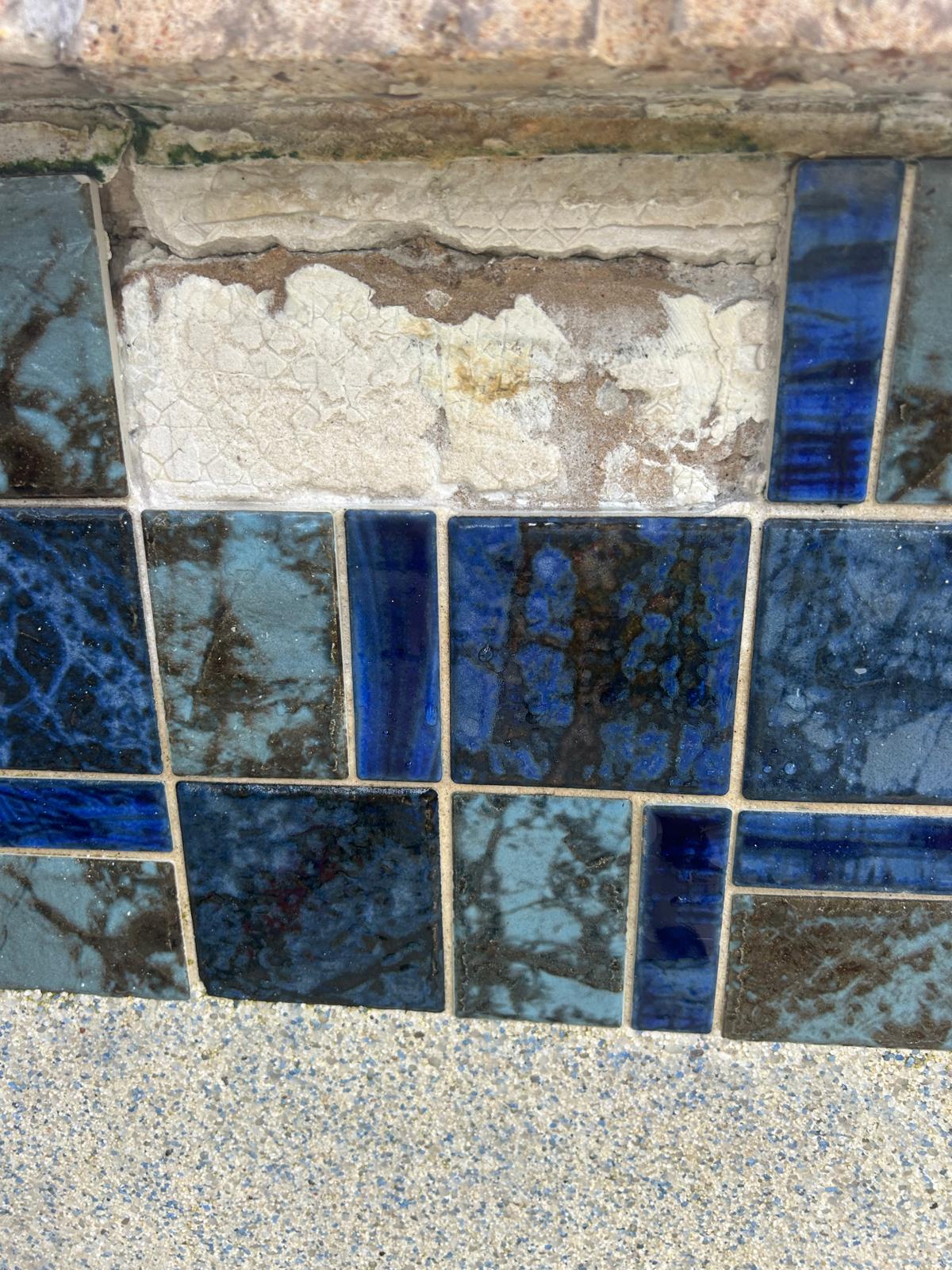 Section of waterline tile missing from a pool, exposing a crazed and stained mortar bed beneath the coping