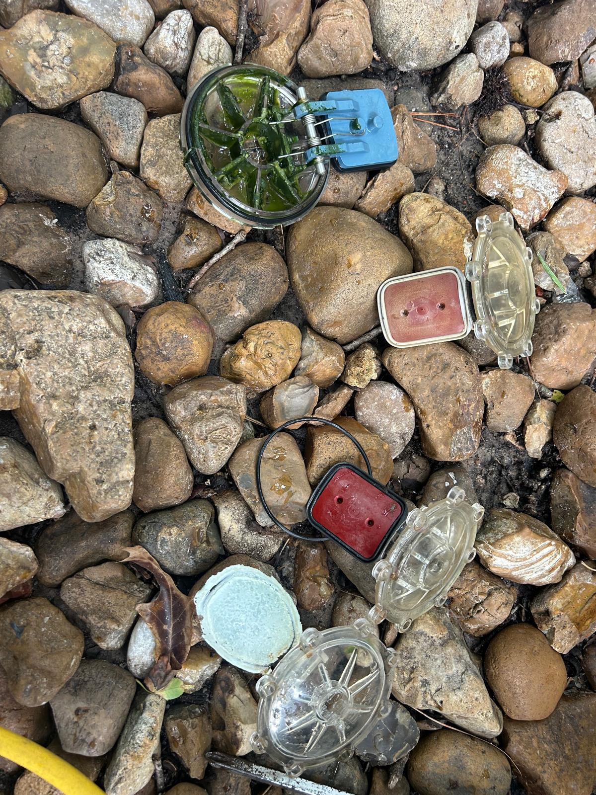 Three dismantled pool check valves showing worn rubber flappers, springs and algae fouling laid out on gravel