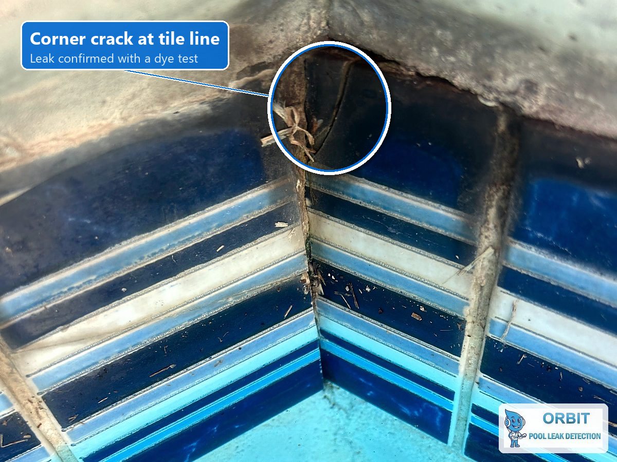 Houston pool losing water through a corner crack at the tile line, confirmed with a dye test
