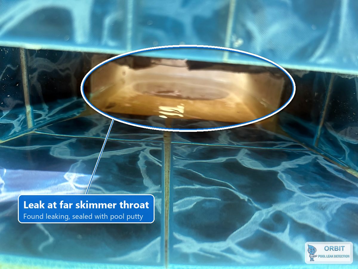 Houston skimmer throat leak: the far skimmer throat was found leaking and sealed with pool putty