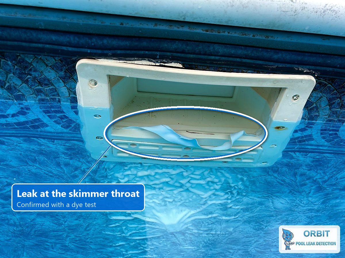 Vinyl liner skimmer leak marked at the skimmer throat of a Houston pool