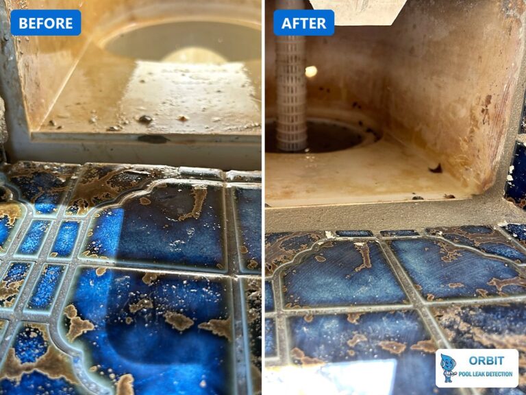 Before and after a skimmer tile regrout on a concrete pool in Houston, TX